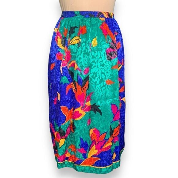 Vintage 90s Skirt Pleated Blue Green Reflective Abstract Leaf Print Midi Spring - Picture 5 of 9